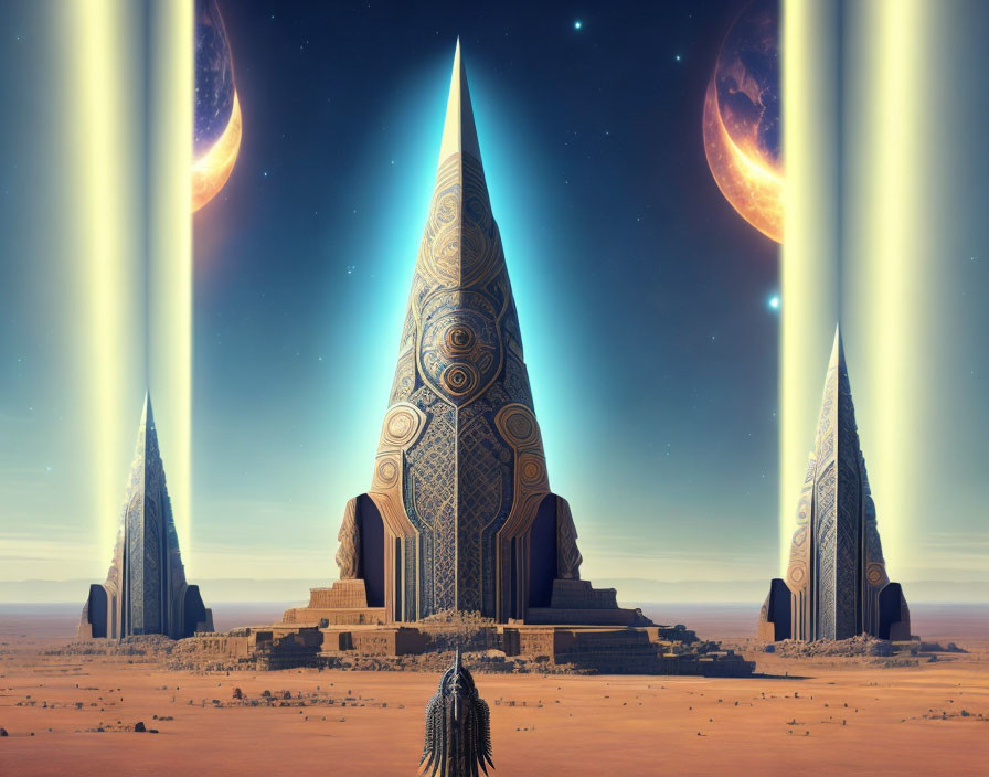 Alien Pyramids in Futuristic Desert with Twin Suns