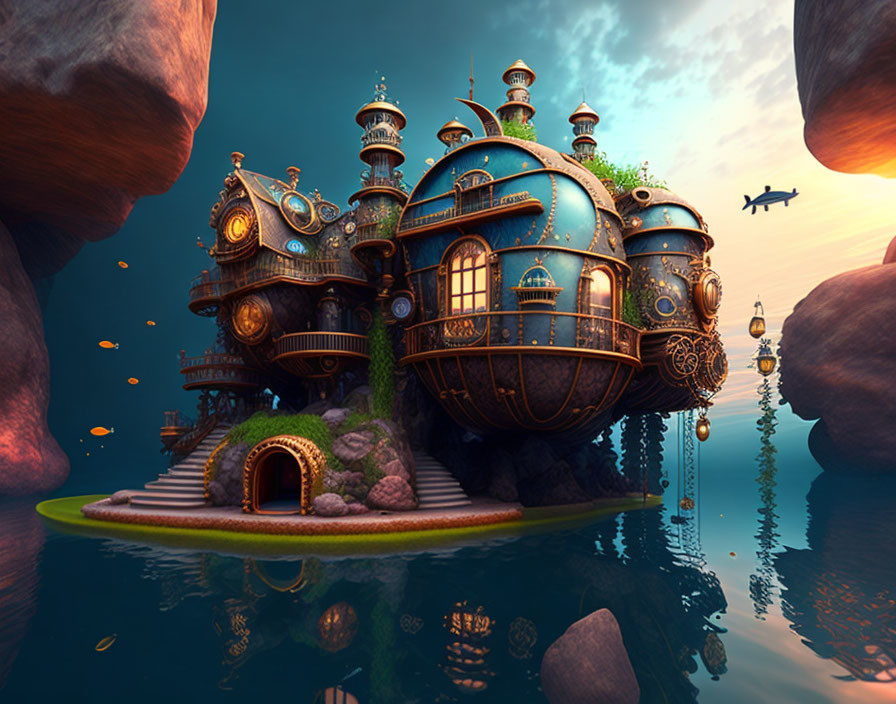 Whimsical blue and gold building on floating island at dusk