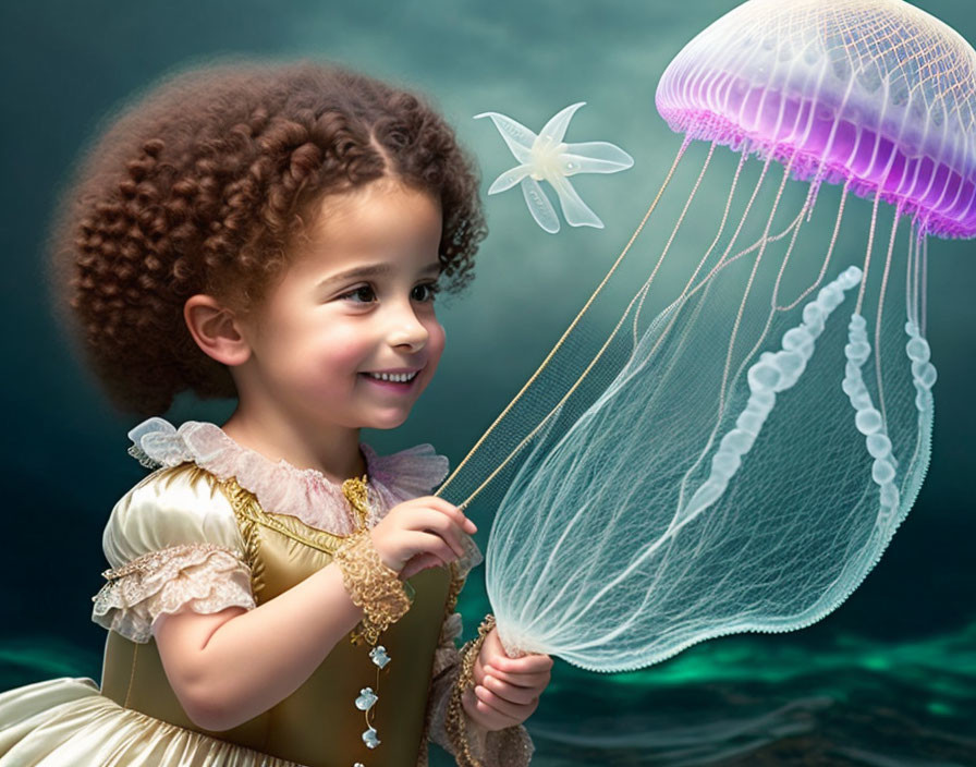 Curly-Haired Girl Smiling with Flower and Glowing Jellyfish Underwater