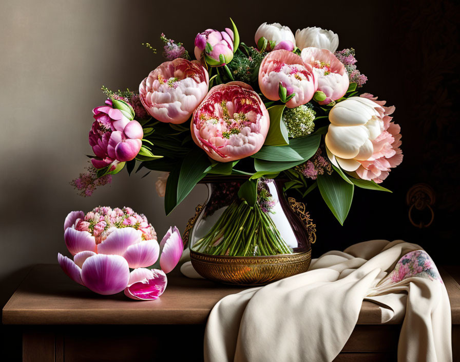 Pink and White Peonies in Golden Vase on Wooden Table