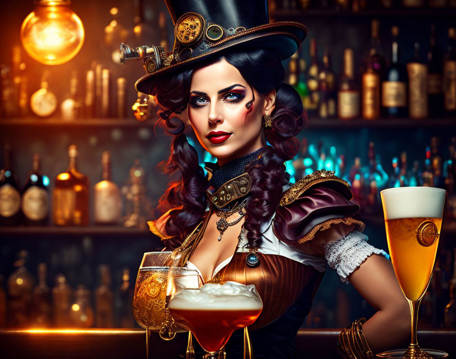 Steampunk woman in top hat with beer at bar