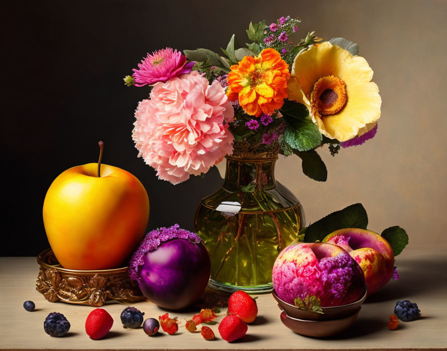 Colorful Still Life with Flowers, Fruits, and Berries on Dark Tabletop