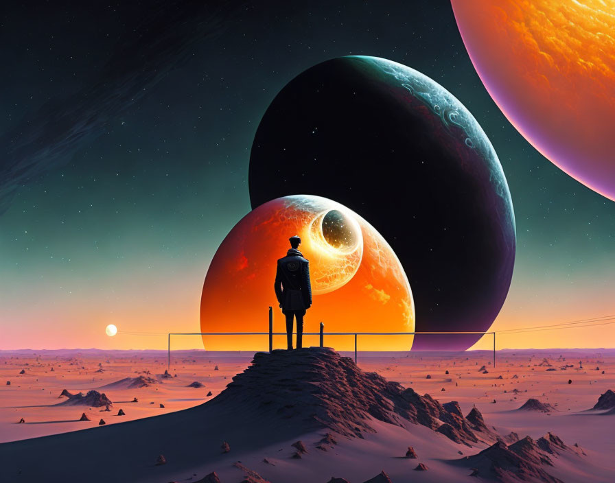 Person on hill gazes at surreal landscape with vibrant planets and setting sun on alien desert