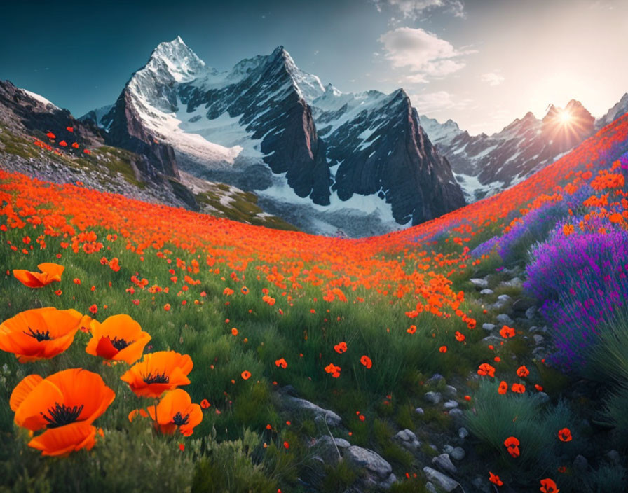 mountainside overgrown with flowering poppies