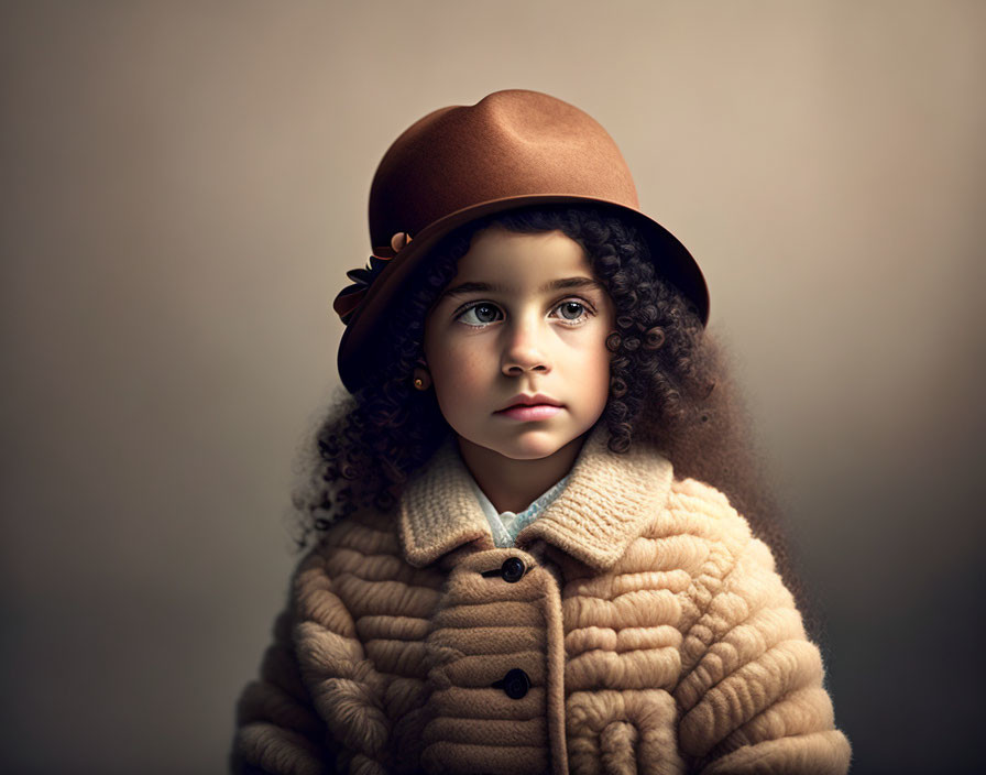 Curly-Haired Child in Brown Hat and Beige Coat Staring Thoughtfully