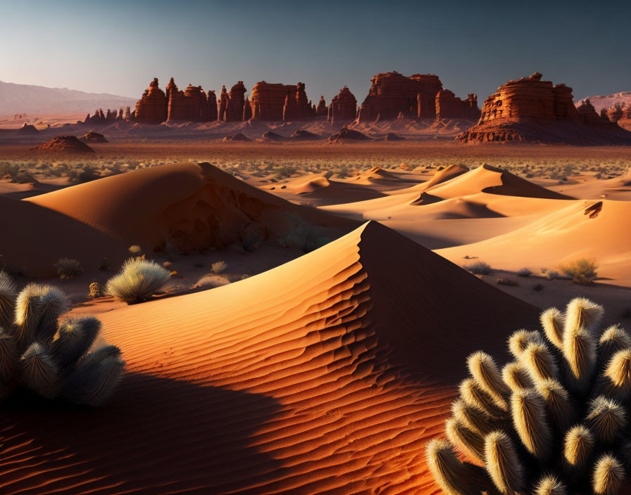 Scenic desert landscape with sand dunes, rock formations, and sparse vegetation under a blue sky.