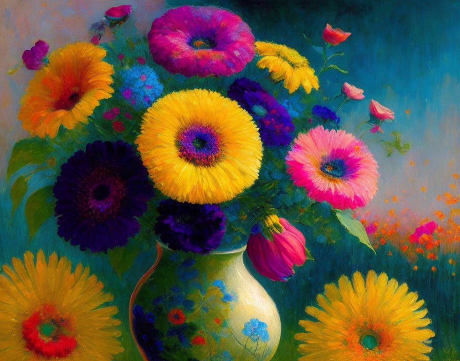 Colorful Flowers Painting in White Vase on Pastel Background