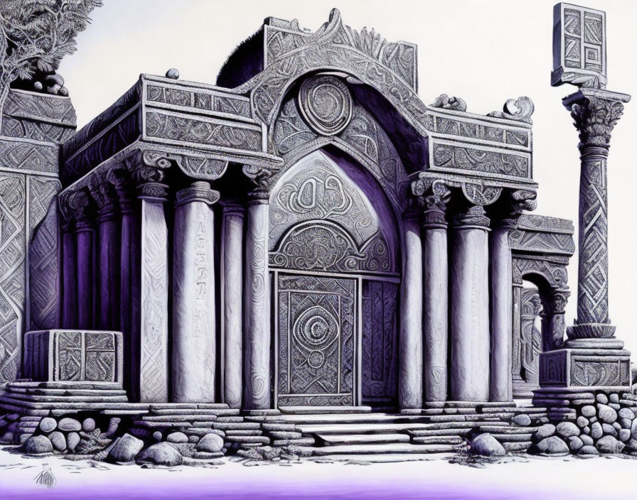 Detailed black and white illustration of ornate ancient doorway and columns