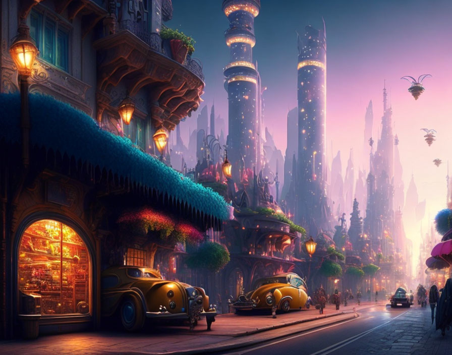 Futuristic cityscape at dusk with vintage cars and floating vehicles