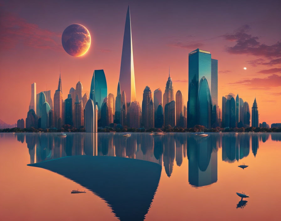 Futuristic city skyline at sunset with exotic planet in the sky