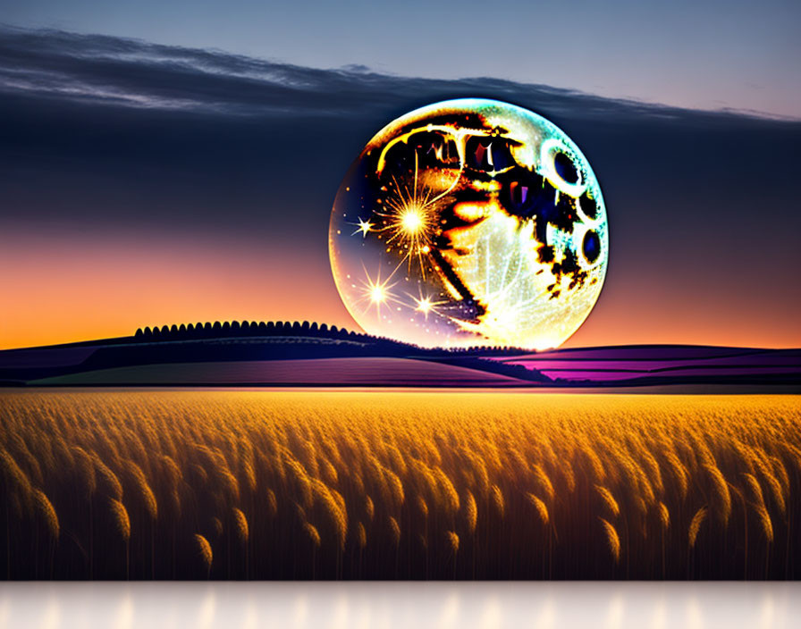 Surreal digital artwork: detailed moon over golden wheat field