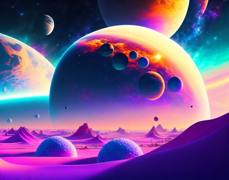 Colorful Alien Landscape with Multiple Planets in Sky