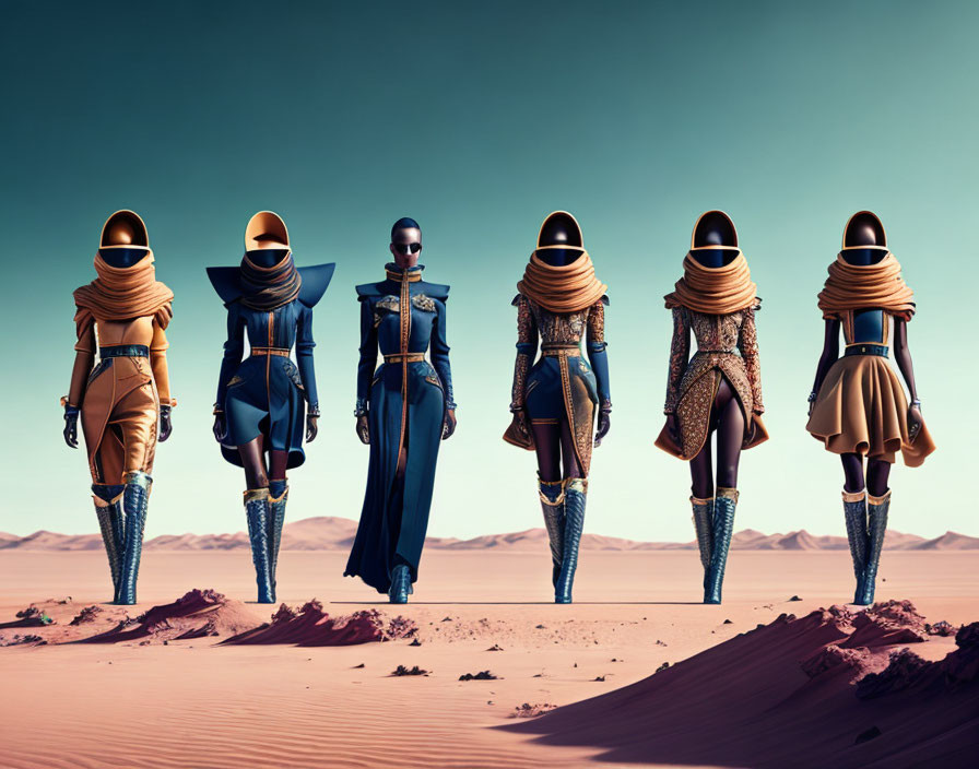 Five futuristic fashion models in stylish outfits and headgear walking in desert landscape
