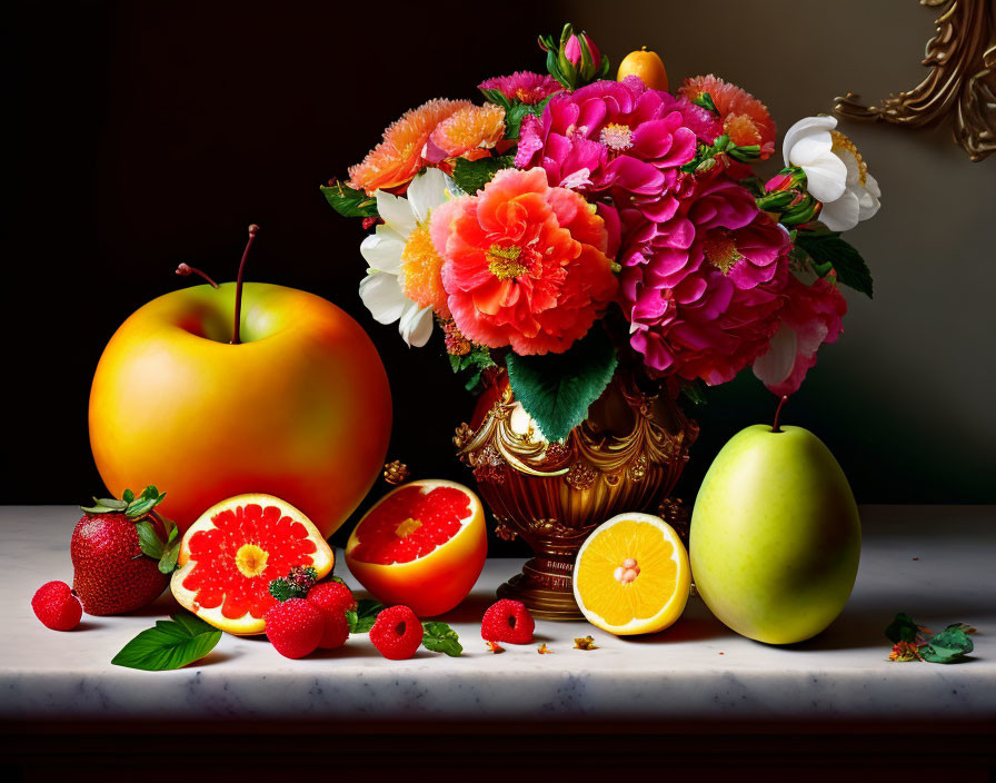 Colorful Still Life: Flowers in Golden Vase with Fruits