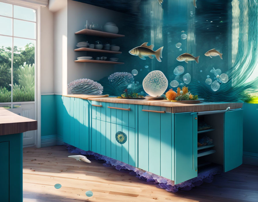 Surreal underwater kitchen scene with fish and coral
