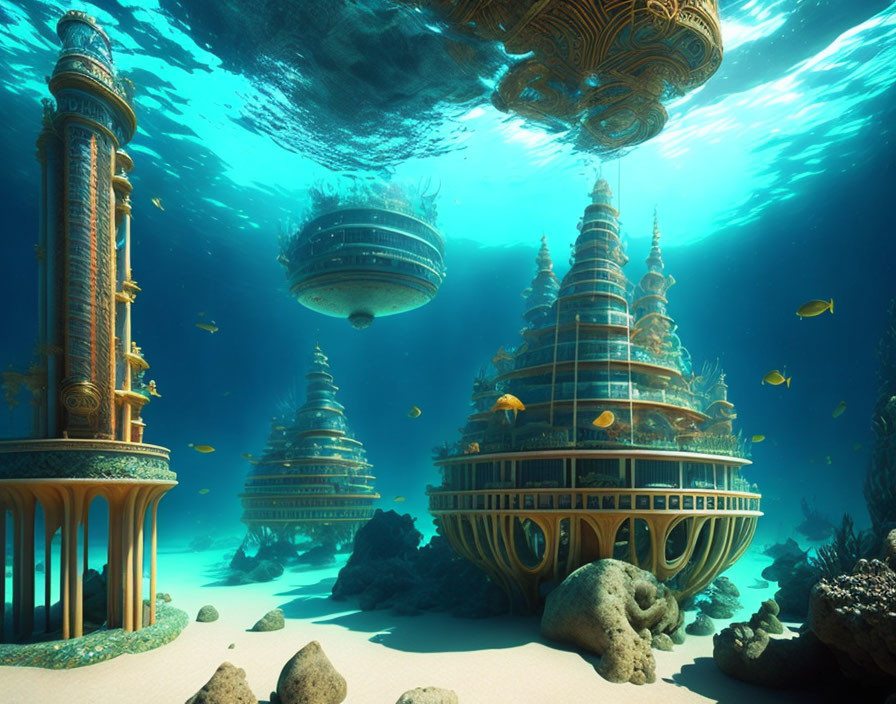 Ornate underwater cityscape with fish and coral in blue-green light