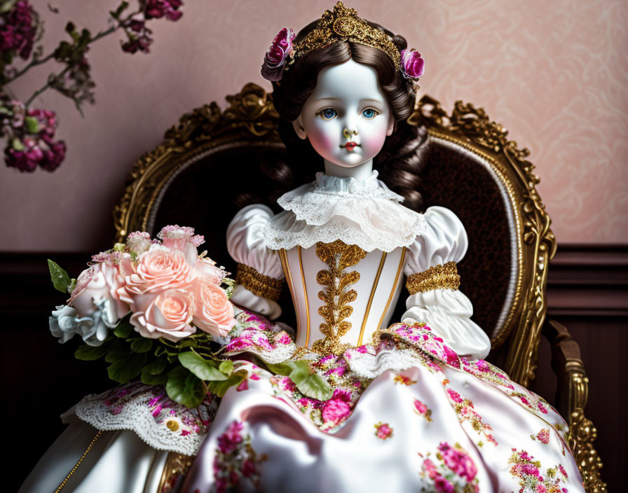 Porcelain doll in vintage gown with floral patterns and lace, holding bouquet in ornate chair