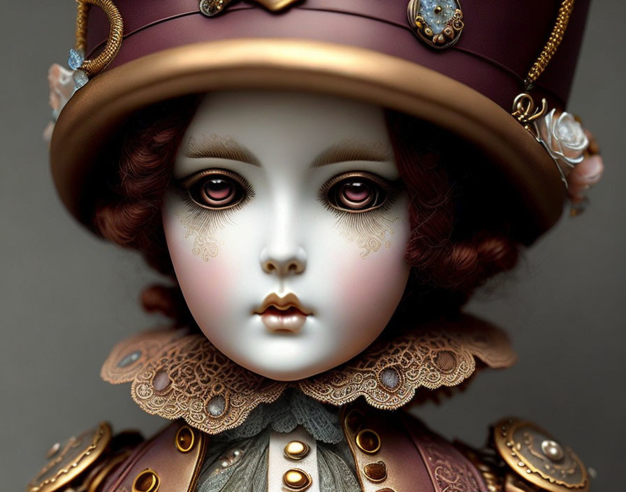 Detailed Victorian porcelain doll in ornate attire on neutral backdrop