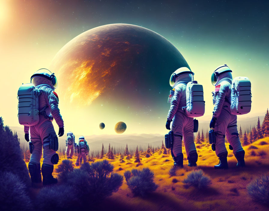 Astronauts on vibrant alien world with giant planet and moons in sky
