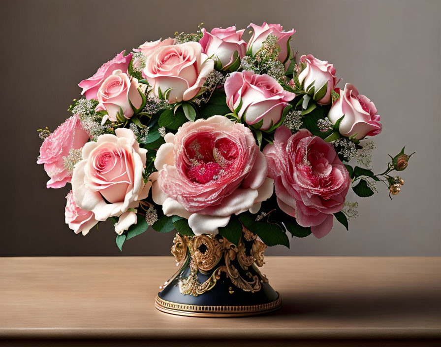 Pink and White Roses Bouquet in Black and Gold Vase on Neutral Background