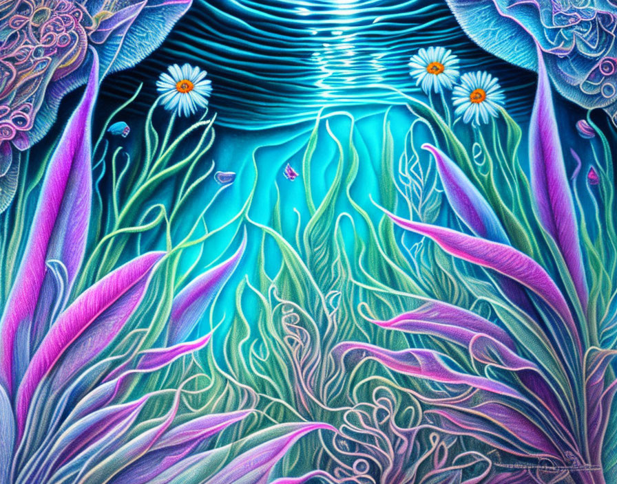 Colorful Underwater Scene with Plants, Daisies, and Fish