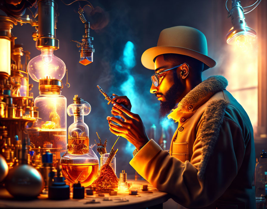 Bearded man in glasses in steampunk laboratory with vial