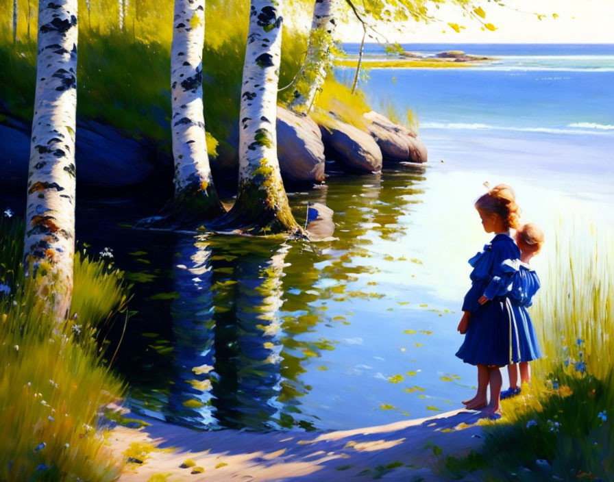 Children by serene lakeside with birch trees and sunlight.