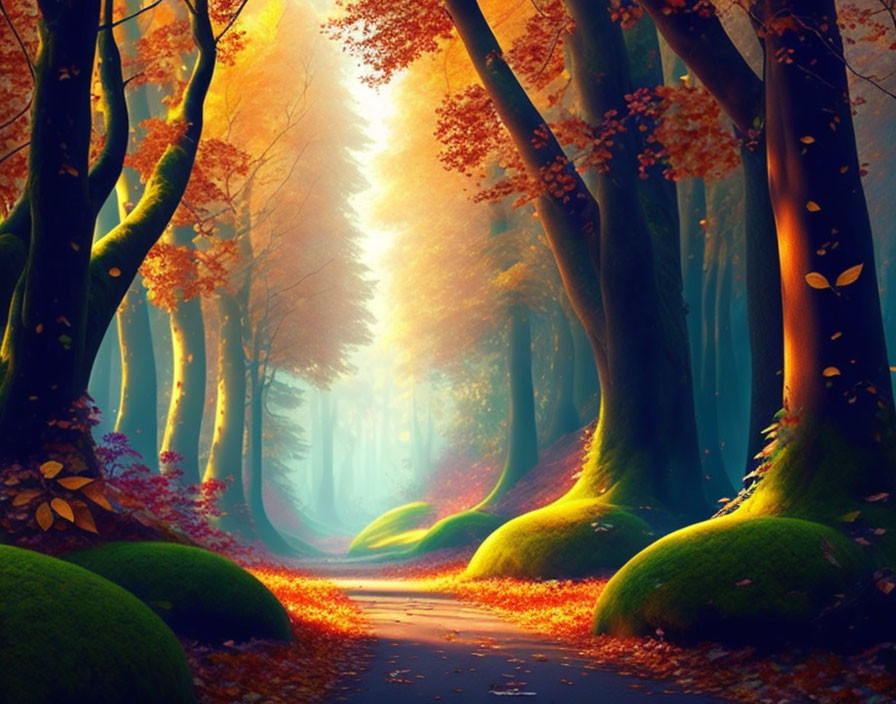 Tranquil Autumn Forest Path with Sunbeams and Vibrant Leaves