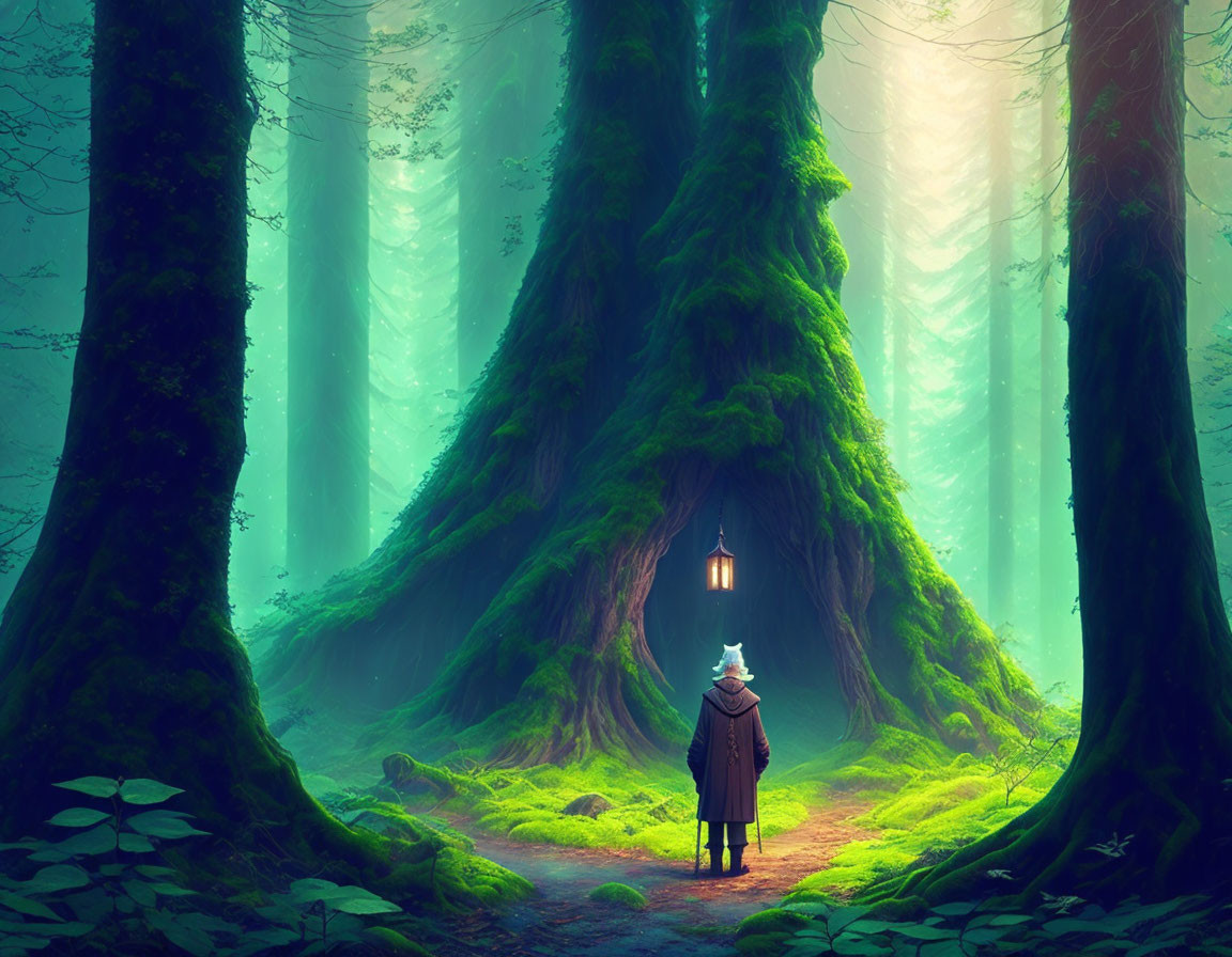 Mystical forest scene with cloaked figure and lantern