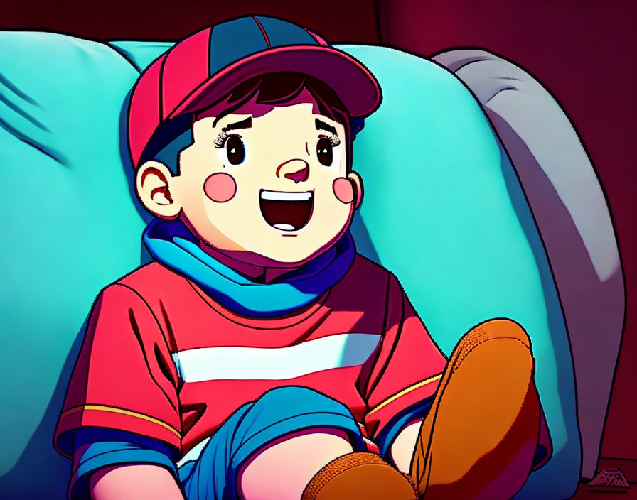 Animated boy in red cap and scarf relaxing on blue pillow