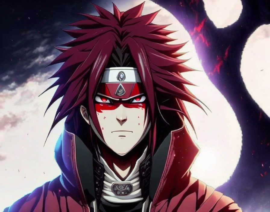 Spiky red-haired animated character with headband and cloak under crescent moon