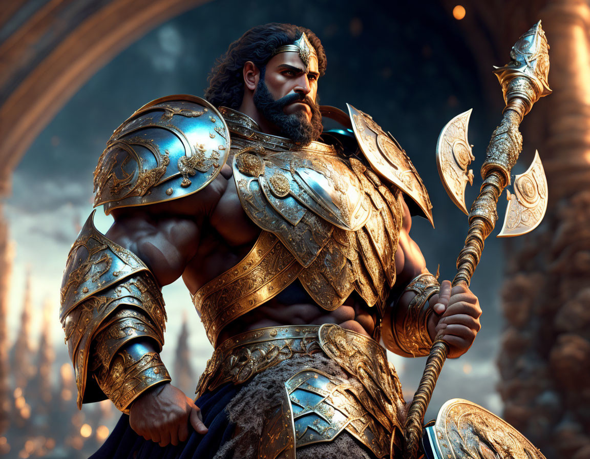 Muscular warrior in golden armor with spear under fiery sky