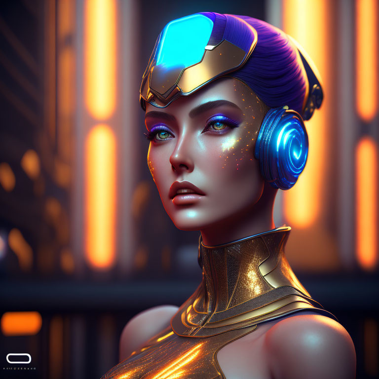 Futuristic female character with blue hair and golden armor in neon makeup