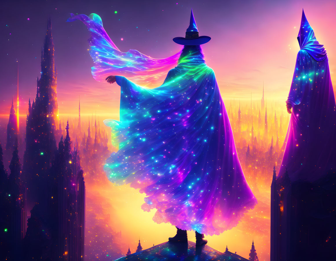 Mystical figures in nebula-like cloaks on vibrant alien landscape