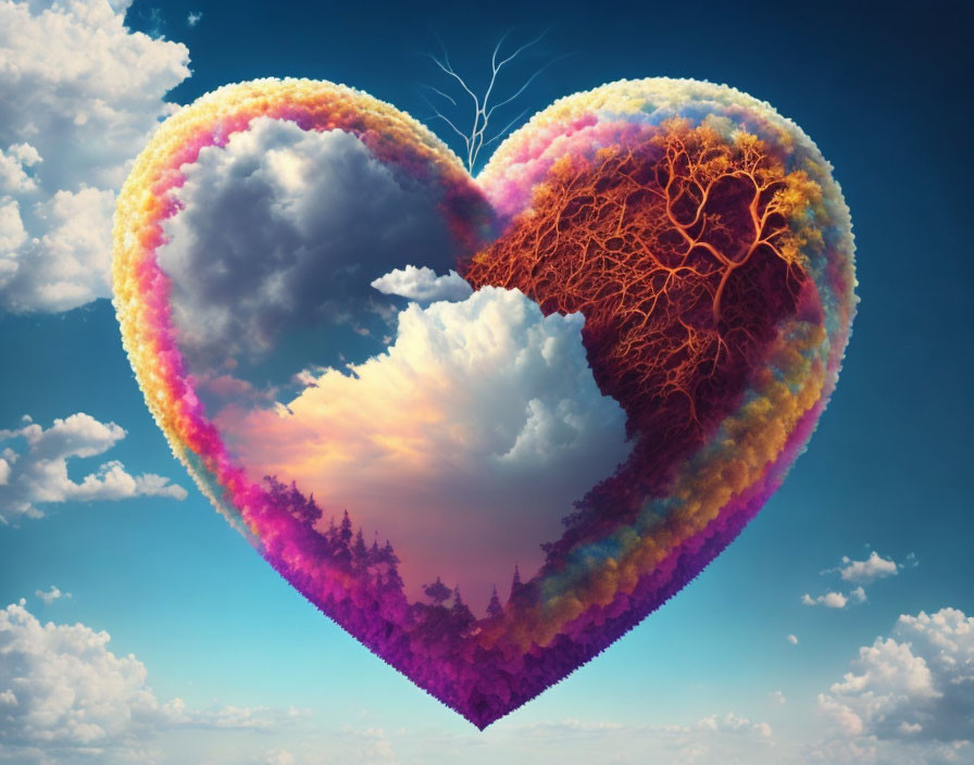 Heart-shaped illustration featuring contrasting landscapes: tranquil blue sky and fiery autumn tree