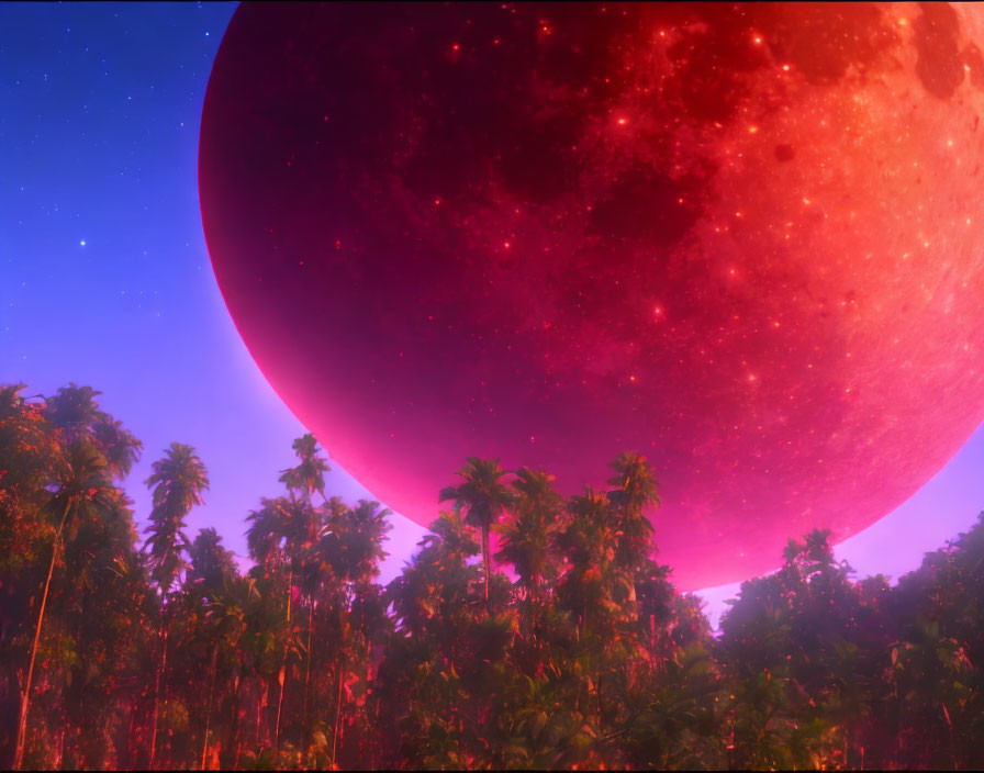 Red planet over dense tropical forest under twilight sky with eerie magenta glow