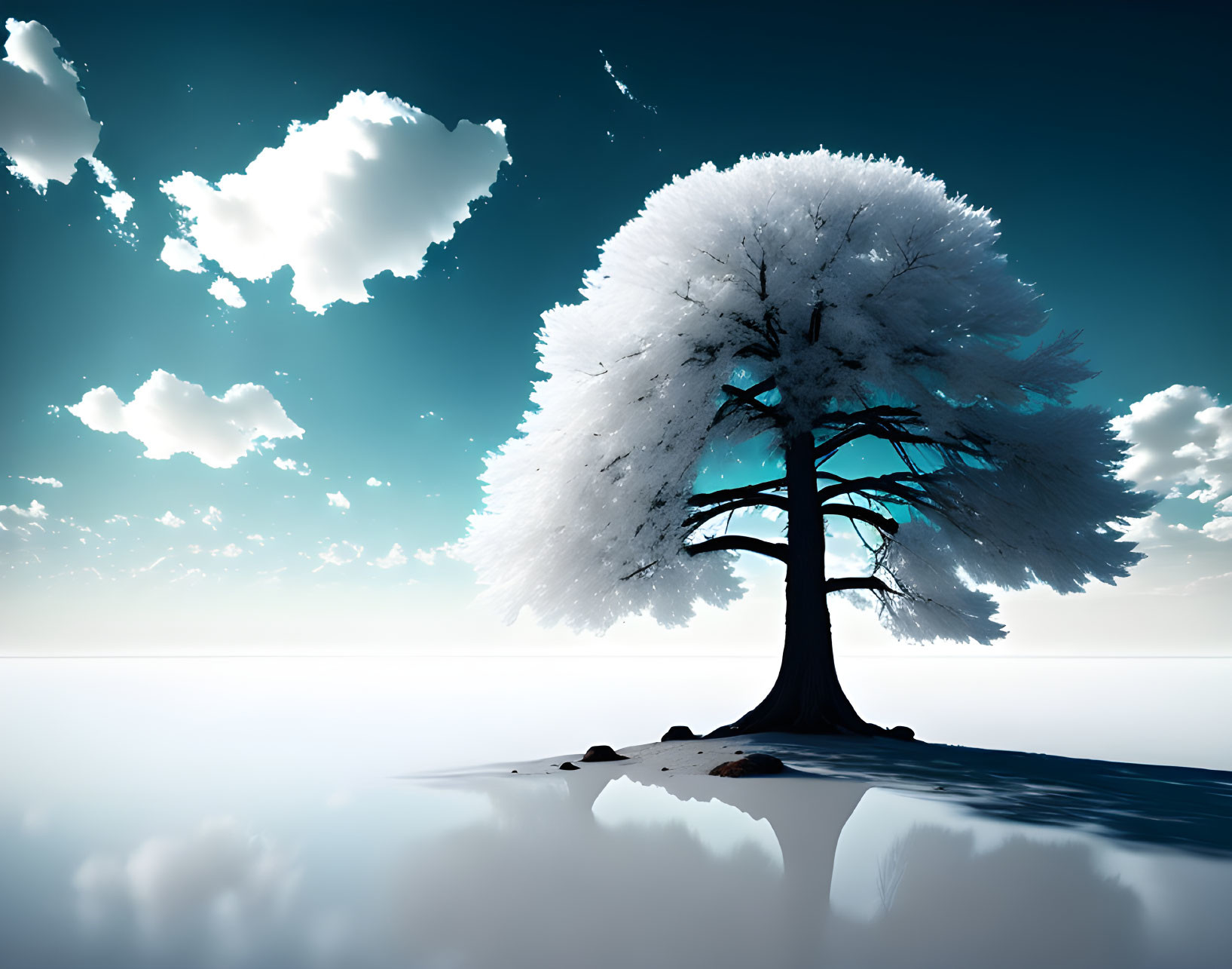 White Tree on Reflective Surface with Clouds and Blue Sky