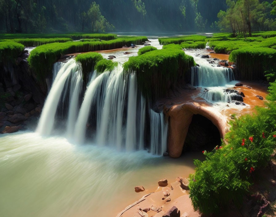Tranquil waterfall in lush green setting with sunlight