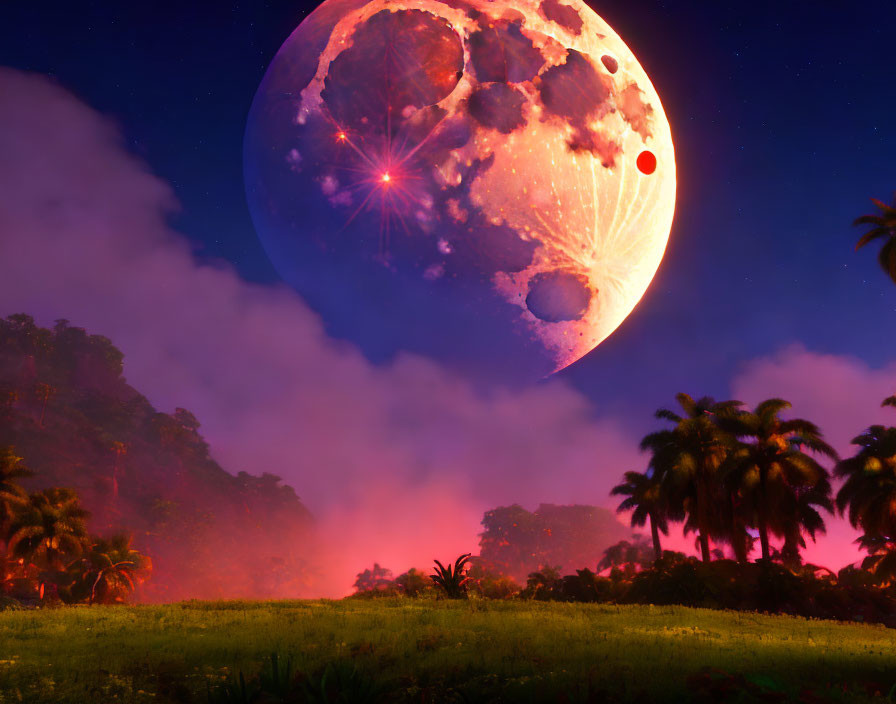 Vibrant moon illuminates misty jungle with palm tree silhouettes