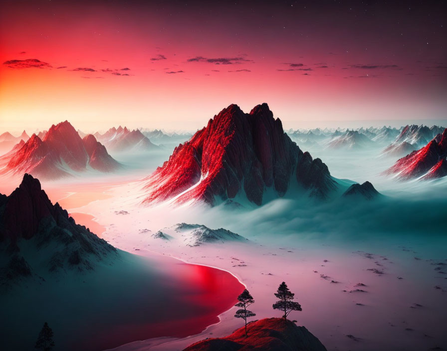 Surreal red-lit mountain landscape with glowing river and foggy valleys