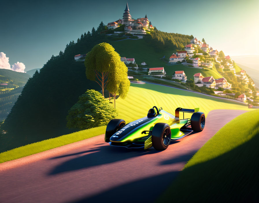 Racing car on curving road near vibrant green tree and hillside village in golden sunlight