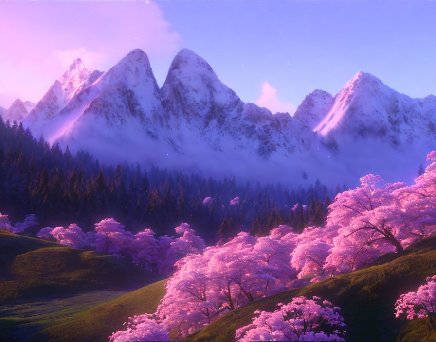Snow-capped mountains, pink cherry blossoms, and green hills at sunset