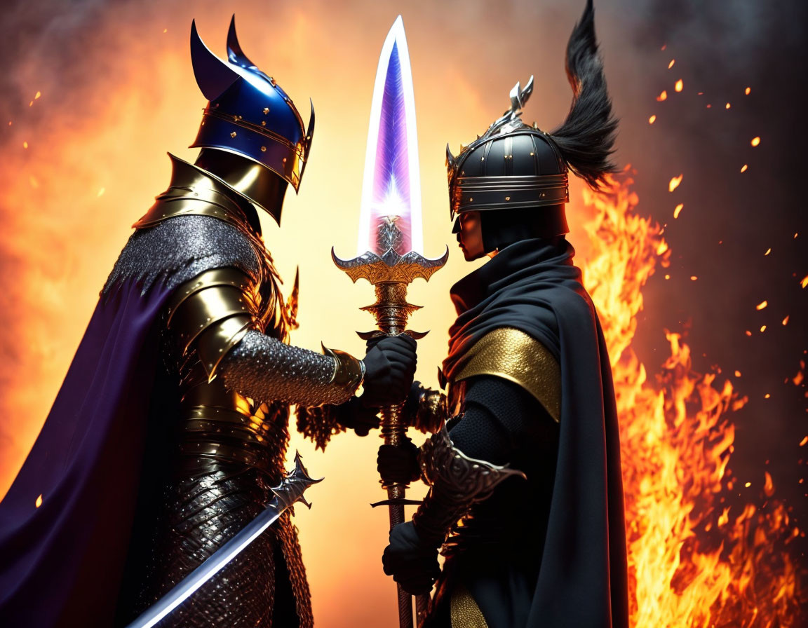 Medieval knights in armor with glowing sword in fiery background