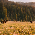 Cowboys riding horses in scenic sunrise landscape.