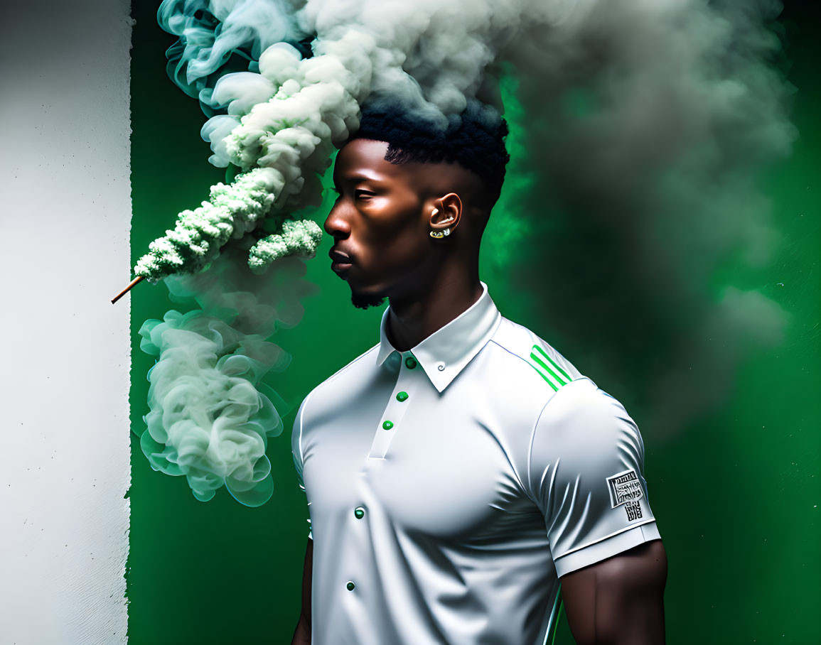 Man exhales smoke against green backdrop in dramatic fashion portrait