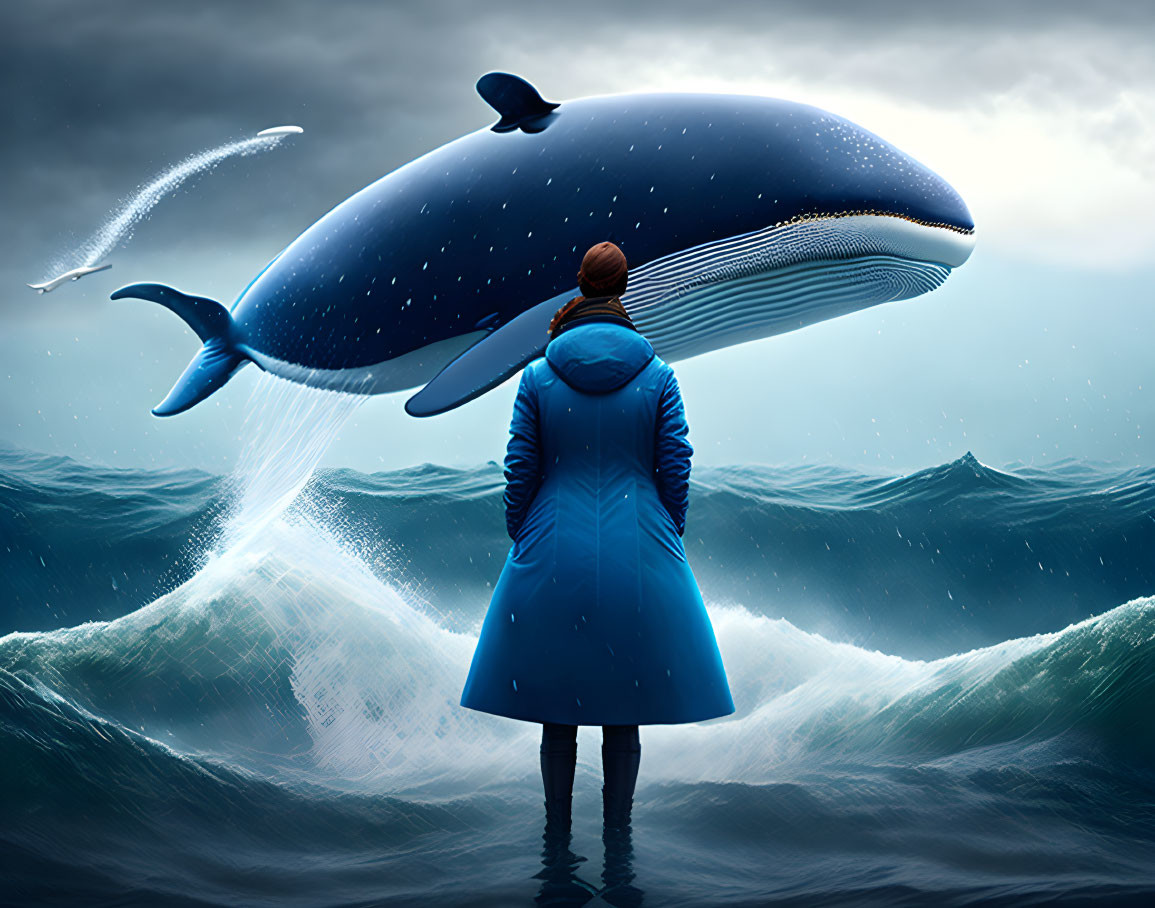 Person in Blue Coat on Stormy Sea with Starry Whale and Flying Fish
