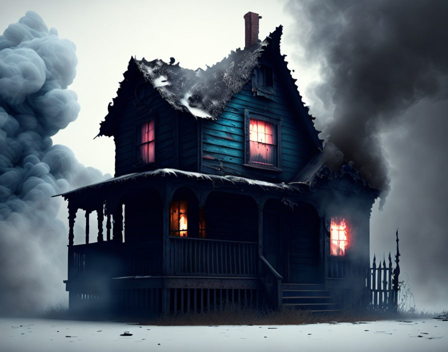 Desolate snow-covered house with red windows in eerie scene