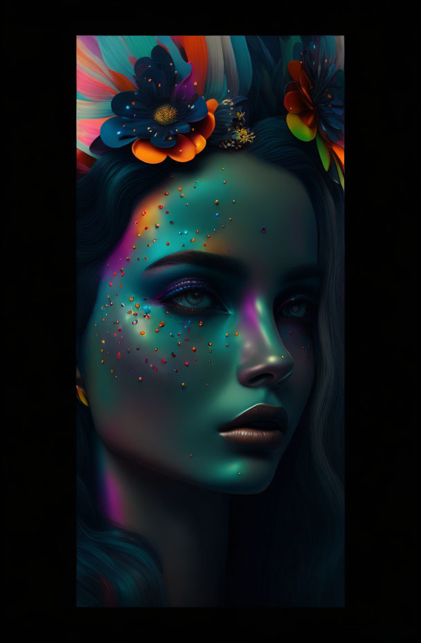 Surreal illustration of woman with starry neon blue skin and vibrant makeup