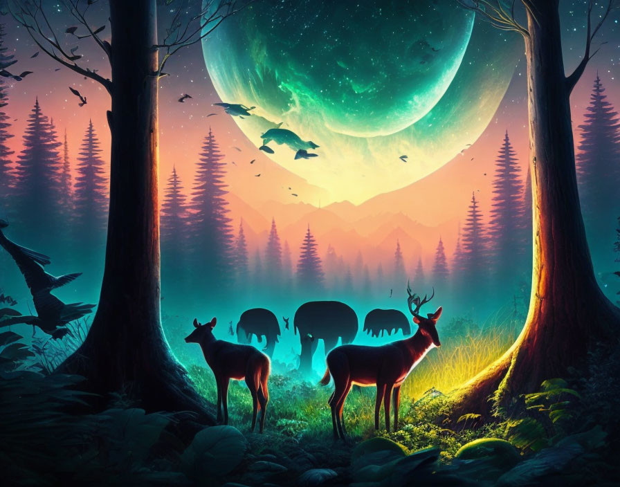 Fantasy forest scene with deer, moon, and starlit sky.