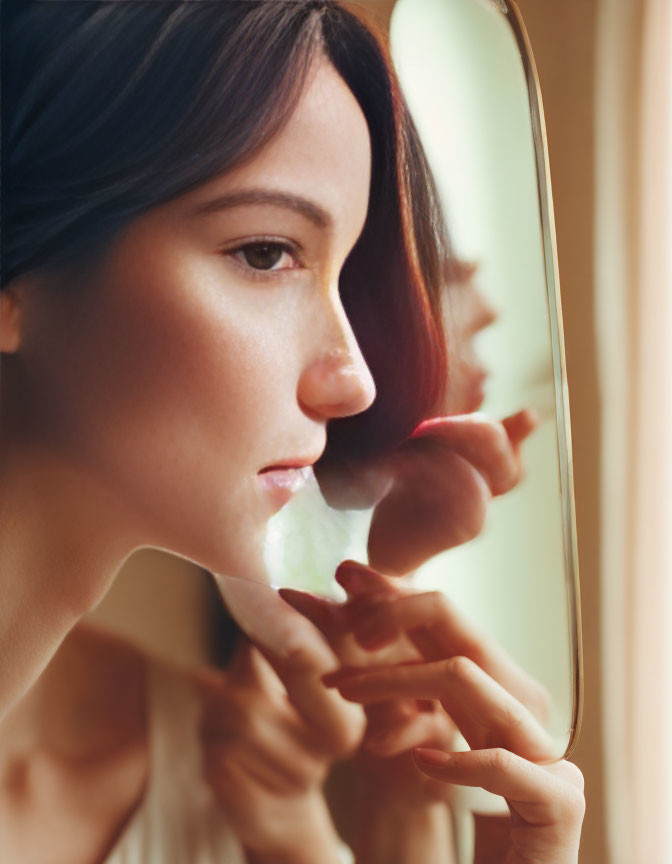 Dark-haired woman reflecting on life through window reflection